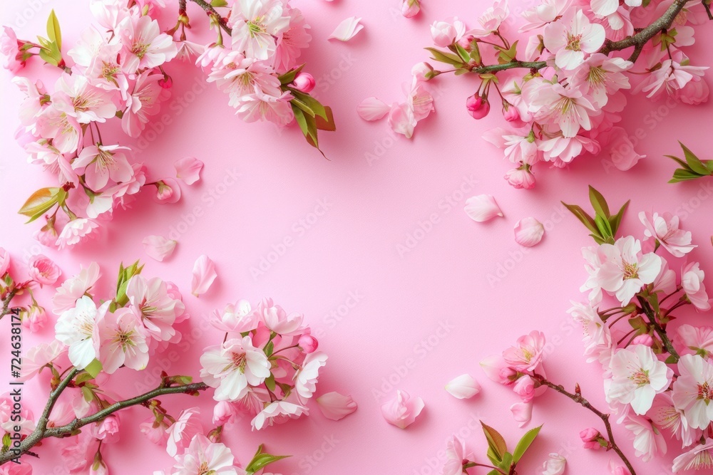 Fototapeta premium An elegant arrangement of spring blossoms frames a blank space