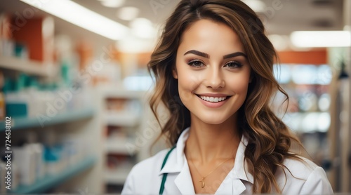 Portrait of smiling happy female pharmacist on a drug store background from Generative AI