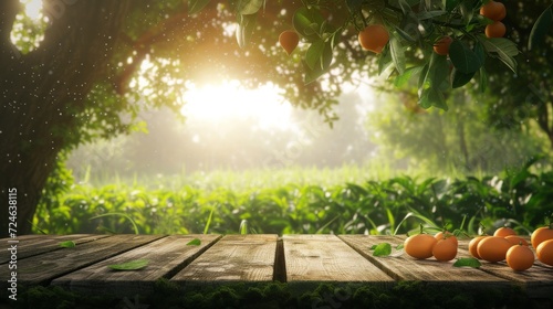 Tree Table wood Podium in farm display for food, perfume, and other products on nature background, Table in farm with orange tree and grass, Sunlight at morning