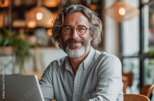 middle aged guy showing his face with laptop and smiling