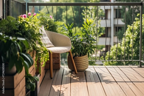 Beautiful balcony or terrace with wooden floor, chair and green potted flowers plants. Cozy relaxing area at home. Sunny stylish balcony terrace in the, Generative AI 