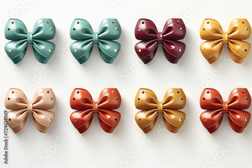 Hair clips, hairpins, bow tie isolated on white background. Collection set of colorful ribbon crafts from flannel. Fashion design hair accessories for girl photo