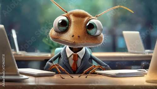 Człowiek-mrówka pracujący w biurze, Motyw ciężkiej i monotonnej pracy biurowej. Praca w korporacji, urzędzie, za biurkiem. Ilustracja powiedzenie "pracowity jak mrówka"