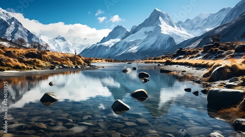 A panoramic view of a remote turquoise blue lake, embraced by snow-capped peaks that seem to touch the endless sky