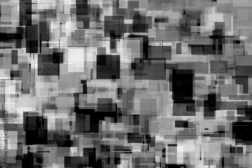 Abstrakcyjna geometryczna grafika w biało czarnej kolorystyce. Mozaika kwadratów i prostokątów, graficzna tekstura, tło