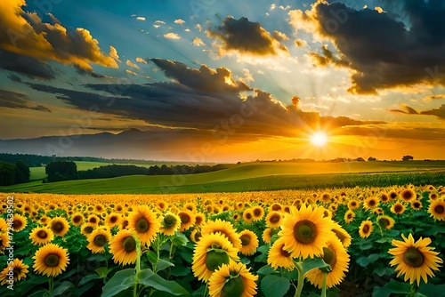 Capturing the Awe-Inspiring Symphony of Sunflowers Dancing Amidst the Serenade of a Sunset Sky"