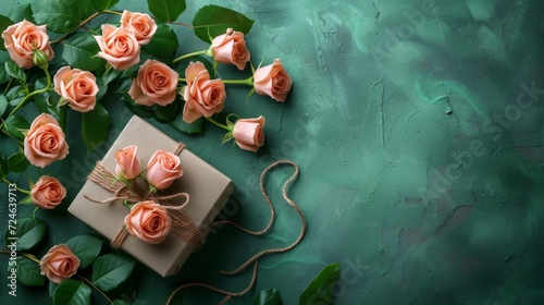 Luxury Gift Box with Roses on a Green Background