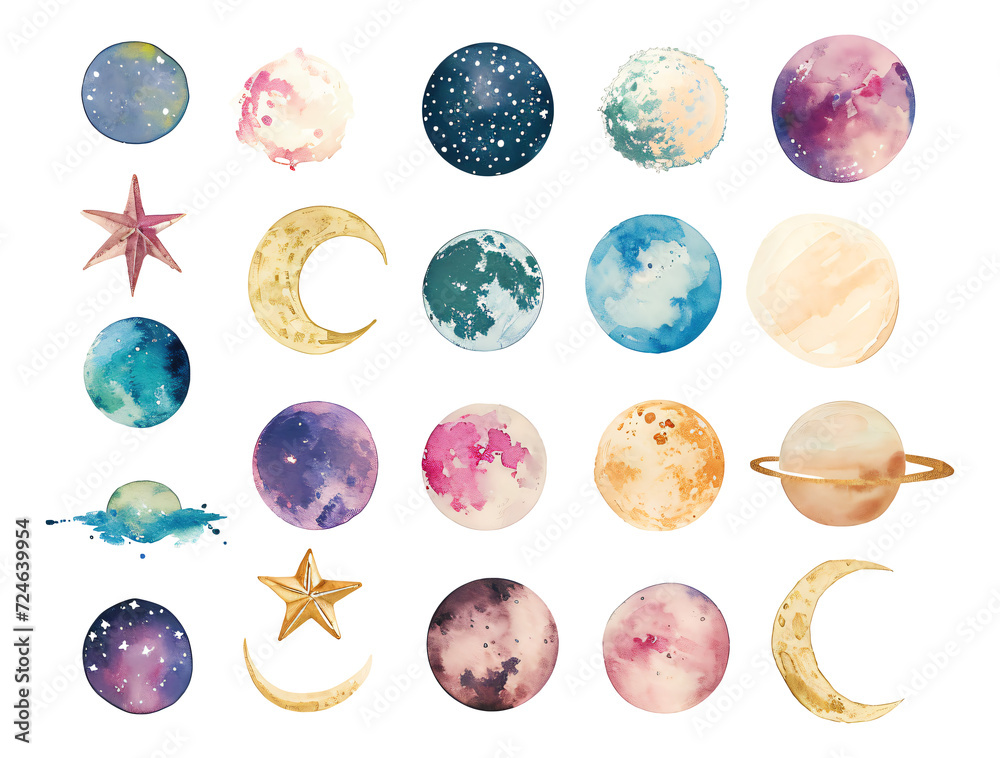 Watercolor journal stickers planet moon elements
