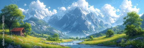 Majestic mountain landscape adorned with snow, reflecting in a serene lake beneath a vivid blue sky.