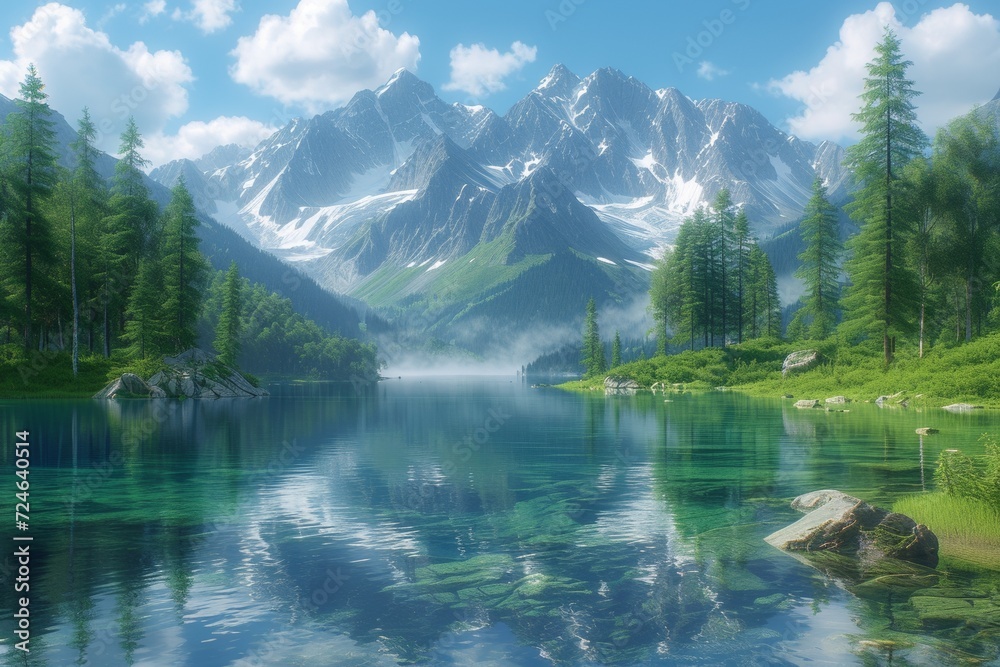 Mysterious morning mist envelops serene mountain lake, creating an ethereal and calming atmosphere in the wilderness