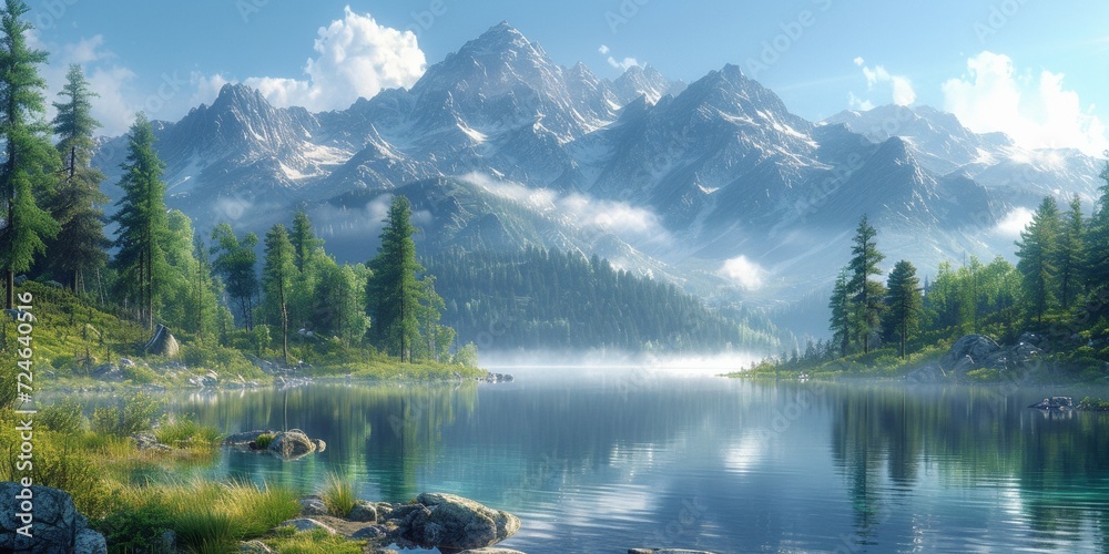  mountain lake: A serene oasis of turquoise waters surrounded by majestic peaks and lush forests