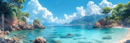 A beautiful beach scene with turquoise waters, mountainous backdrop, and a tranquil coastal ambiance. photo