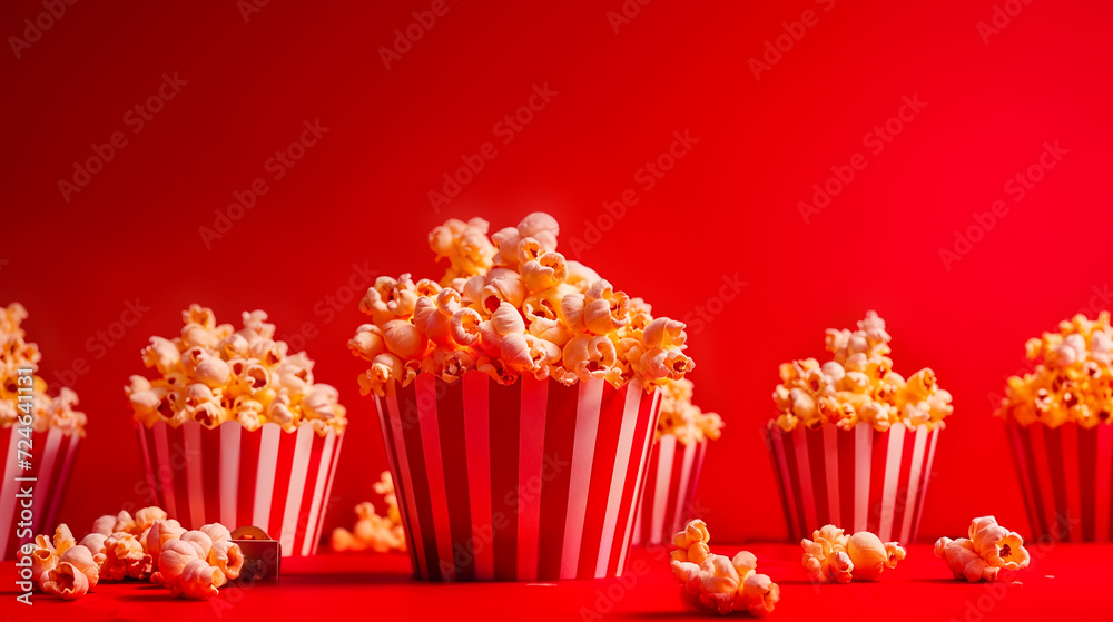 popcorns in red and white striped boxes on a red background