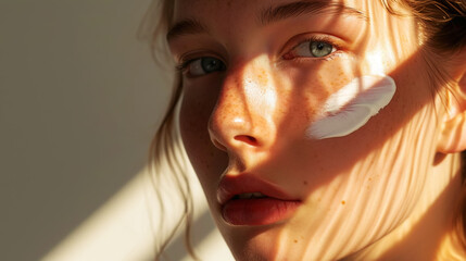 Close-up of young caucasian girl with aesthetic rough smear of face cream. Light background with sun rays. Generative AI