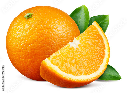 Orange slice isolated. Orange with slice and leaves on white background. Orange fruit with clipping path. Full depth of field.