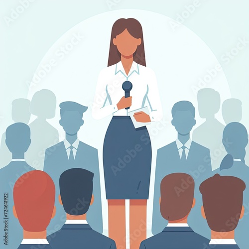 flat vector illustration of a person giving a speech in front of a large crowd. simple and minimalist