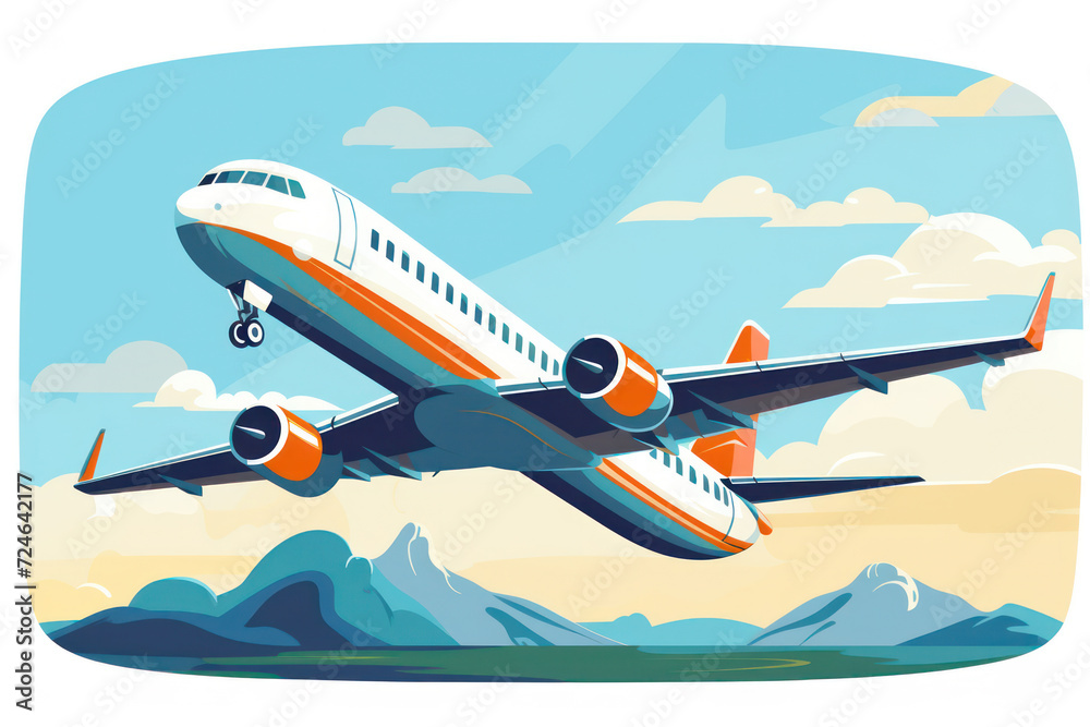 Sky's Journey: A Fast and Modern Airplane Flying Through the Blue Sky with Iconic Wings and Powerful Engines, Illustration on a Flat Background