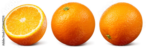 Orange isolated on white. Whole orange with a half on white background. Orange fruit collection with slice. Clipping path. Full depth of field. © Tim UR