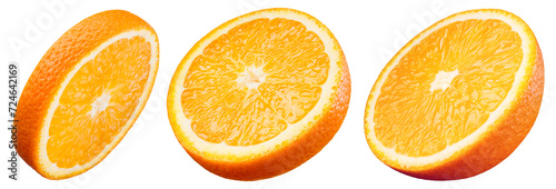 Orange slice isolated on white. Orange round slices on white background. Orang fruit collection with clipping path. Full depth of field.