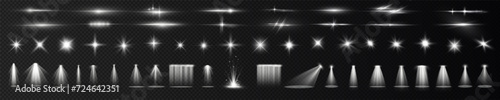 Light effect set. Sparkl glow isolated white transparent light effect set, lens flare, explosion, glitter, dust, line, sun flash, spark and stars, spotlight. Sunlight, abstract special effect.