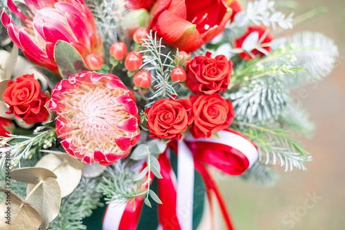 Red bouquet with proteya flowers . love concept.   photo