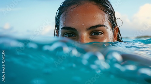 A young adult woman smiles and relaxes in the sea  beauty eyes as she enjoys a dip in the water