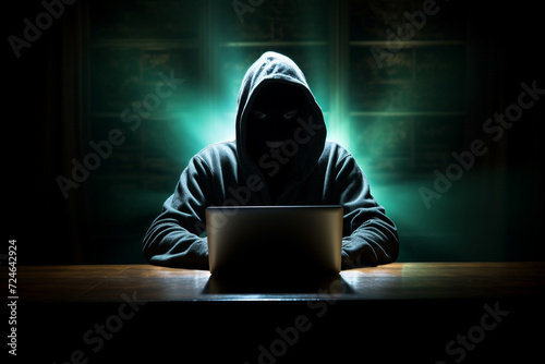 Hacker in balaclava using laptop on table against black background