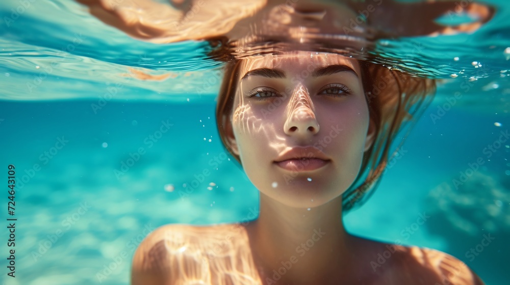 A young adult woman smiles and relaxes in the sea, beauty eyes as she enjoys a dip in the water A young adult woman smiles and relaxes in the sea, beauty eyes as she enjoys a dip in the water