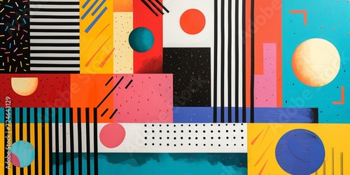 A colorful abstract composition inspired by the Memphis Group, featuring playful geometric shapes and contrasting hues. photo