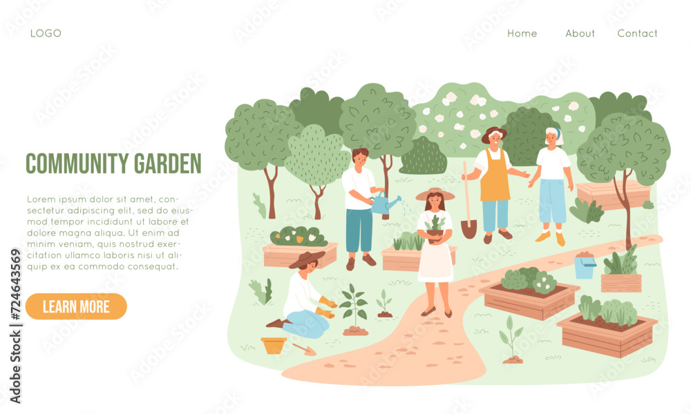 Fototapeta premium Community garden banner with people farming, enjoying time and communicate. Public farm in town. Young and adult men and women. Spring and summer ecology activity. Vector illustration.