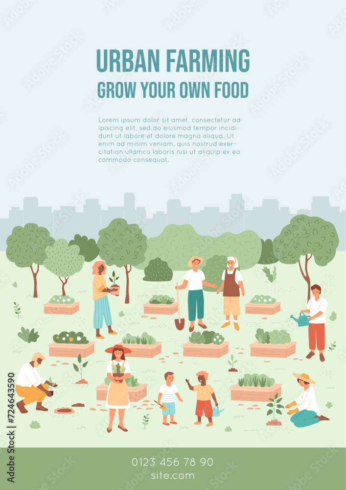 Urban farming concept. Community garden in the city. Flyer with people engaged in agriculture together. Beds with green bushes, flower. Men, women and children communicate in public farm. Urban farming concept. Community garden in the city. Flyer with people engaged in agriculture together. Beds with green bushes, flower. Men, women and children communicate in public farm.
