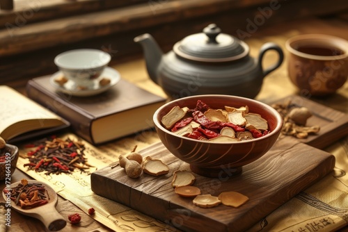 A mixture of ginseng Ganoderma lucidum and cordyceps showcased on a wooden platform with dried herb items on golden paper backdrop photo