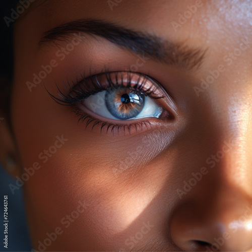 close up photograph eyes and face of abeautiful woman made with brown makeup and natural look, light pink  photo