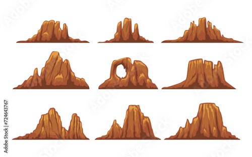 Set of Desert Mountain Range Red Rock set collection, Colorado desert or grand canyon scenery isolated cartoon mountains icons, Sahara or Arizona, mexican landscape with sand and rocky cliffs vector.