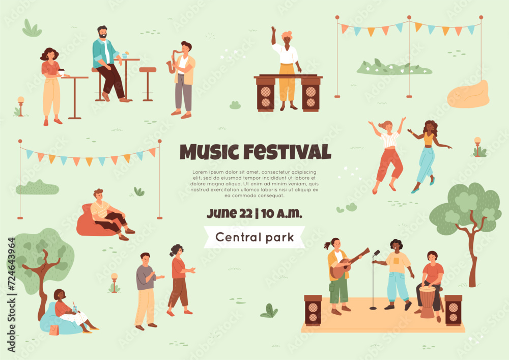 Fototapeta premium Music festival illustration with people resting in public park and listening to music band, saxophonist, dj. Young women dancing, man at bar table. Fair placard with text template. Vector banner