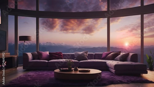 background loop animation, stream overlay, cozy lo-fi living room with fireplace at sunrise, vtuber streamer asset twitch zoom screen, live wallpaper. anime chill hip hop video. purple colours.