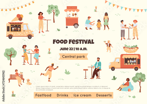 Food festival illustration with people and truck of drinks, ice cream, hotdog. Multicultural young men, women and children resting in public park. Fair placard with text template. Vector banner