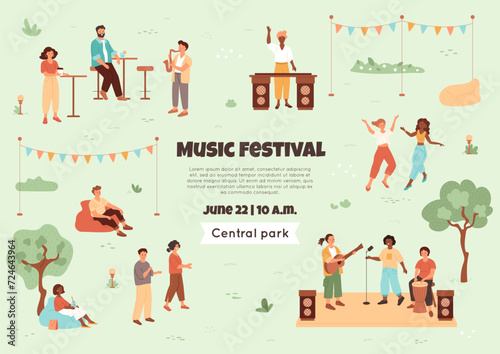 Music festival illustration with people resting in public park and listening to music band, saxophonist, dj. Young women dancing, man at bar table. Fair placard with text template. Vector banner
