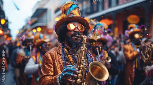 Vibrant Mardi Gras street parade. Jazz musicians in costumes and masks. Historic French Quarter buildings in background. Jazz Appreciation Month. AI Generative photo
