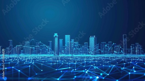 Wireframe landscape with Smart city. Technology background blue in low poly style. Data security 3d vector background. Global social network connection. 