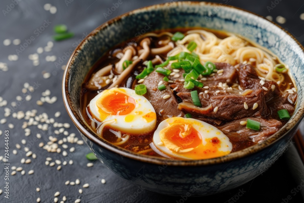Asian ramen bowl with beef tongue mushroom and pickled egg on dark background Asian ramen bowl with beef tongue mushroom and pickled egg on dark background
