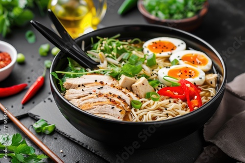 Asian noodle soup with chicken tofu vegetables and egg in black bowl against slate background Copy space available