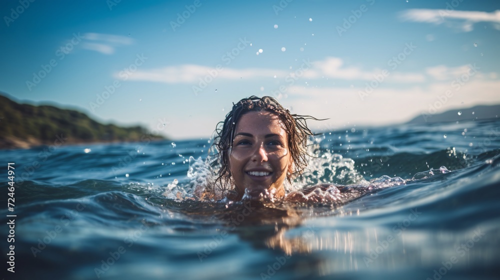A young adult woman smiles and relaxes in the sea, beauty eyes as she enjoys a dip in the water