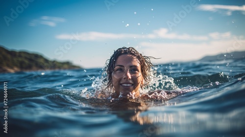 A young adult woman smiles and relaxes in the sea, beauty eyes as she enjoys a dip in the water © riccardozamboni