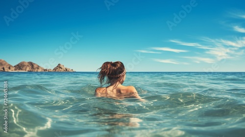 Attractive young womanl swims underwater in the sea.Woman swimming underwater in sea.