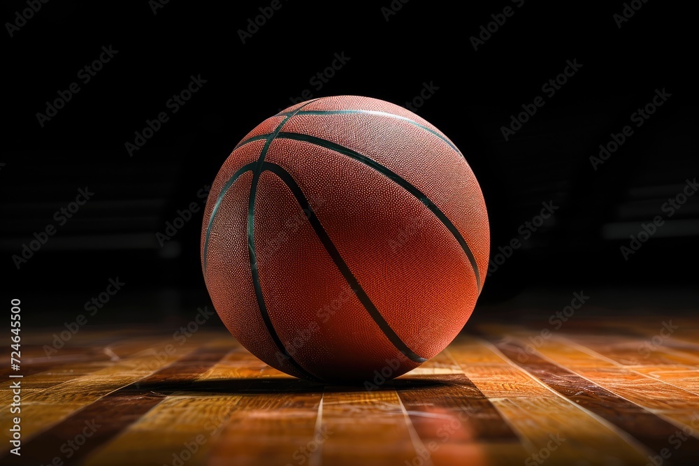 Basketball ball on black parquet with light painting