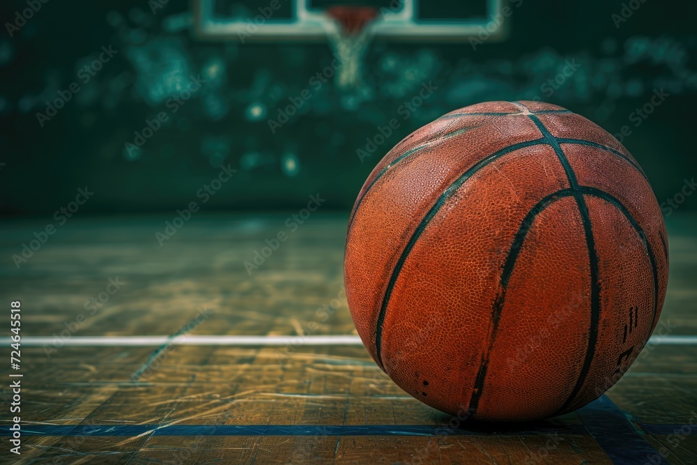 Basketball displayed on background board Basketball displayed on background board
