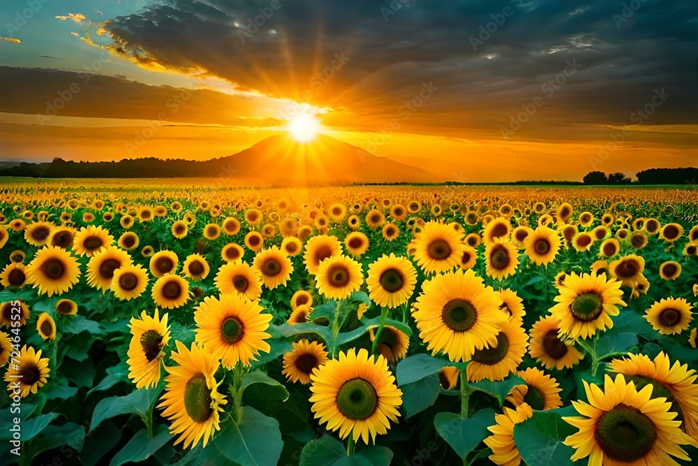 Capturing the Awe-Inspiring Symphony of Sunflowers Dancing Amidst the Serenade of a Sunset Sky