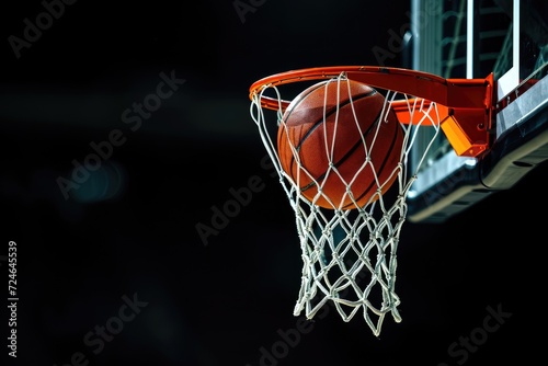 Basketball going through basket close up on black background