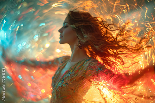 Woman with hair flowing among vibrant cosmic lights